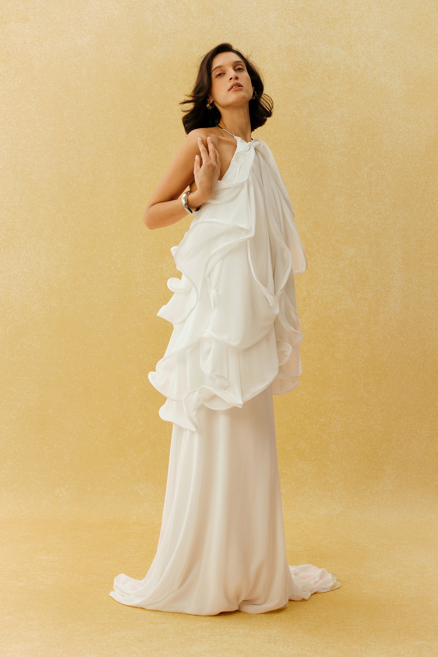 Captured Your Heart White Metal Halter Neck Ruffle Maxi Dress