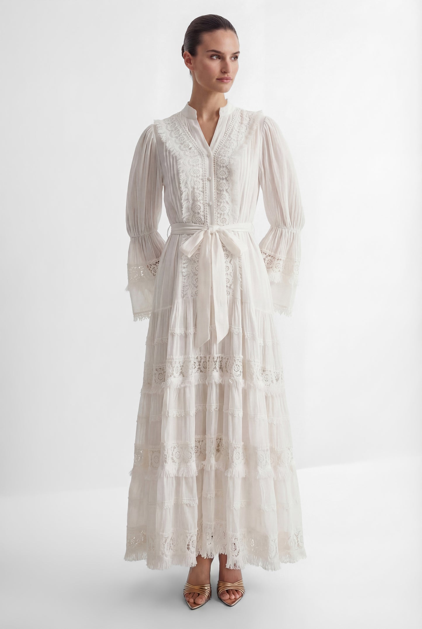 Graceful Darling White Floral Lace Bell Sleeve Maxi Dress