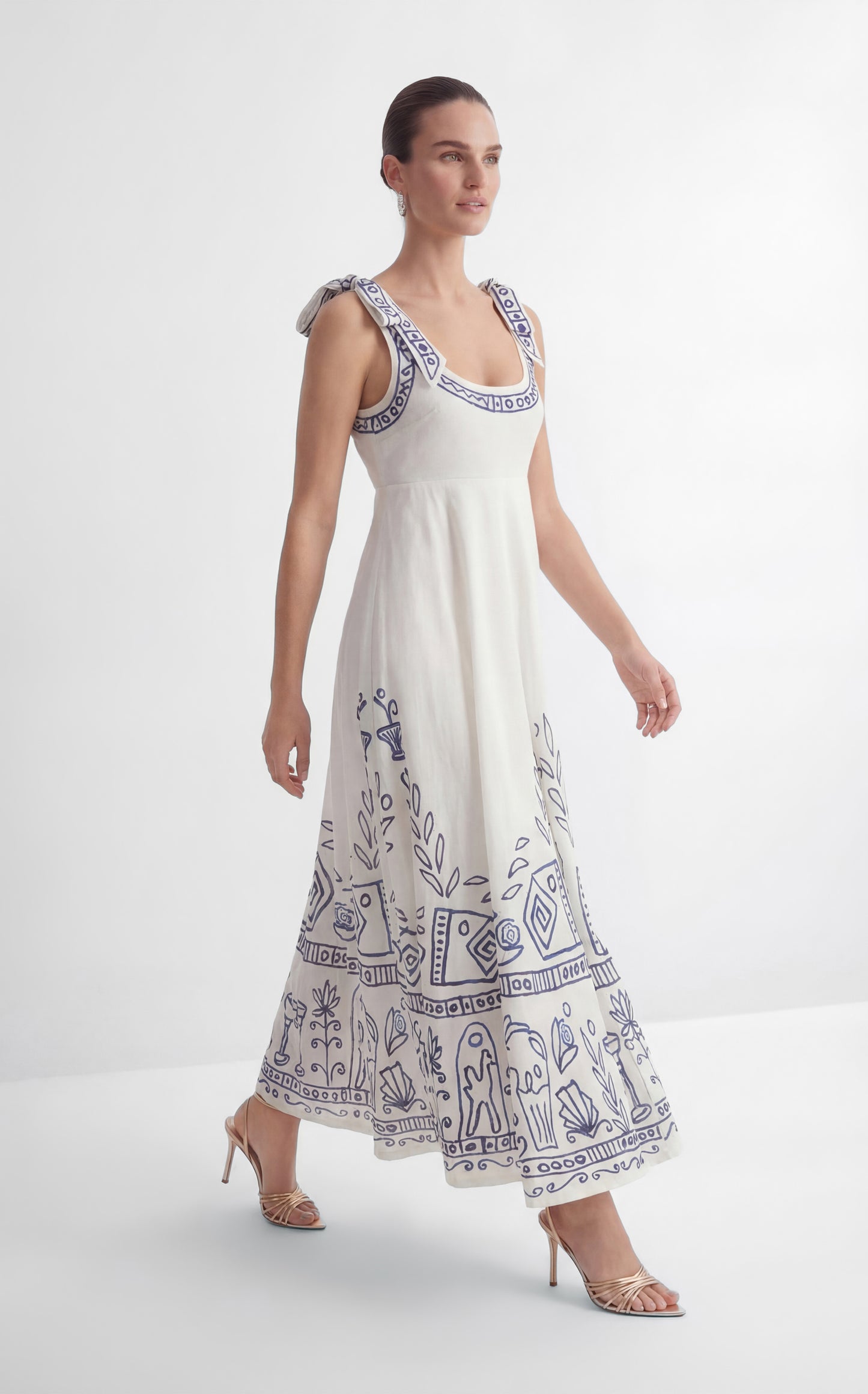 Garden Explorer White Printed Bow Strap Maxi Dress