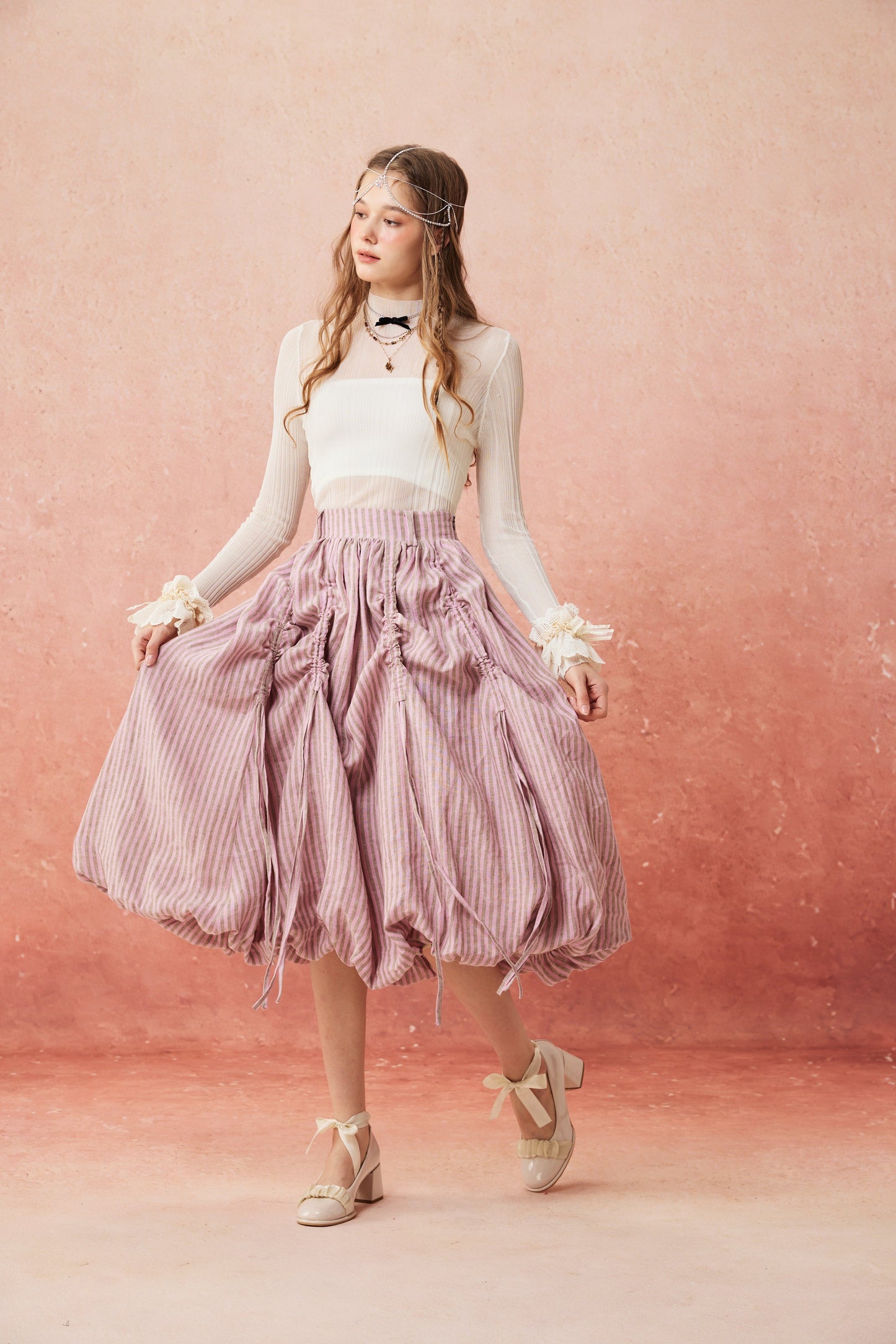 Camellia Bubble 22 | Drawstring Bubble Linen Skirt