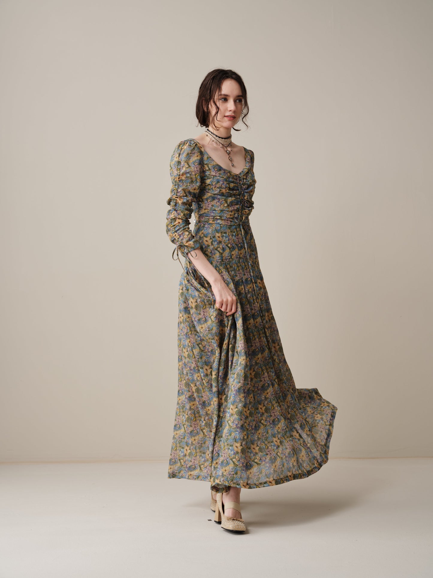 Emma 11 | Lace-Up Ruched Linen Maxi Dress