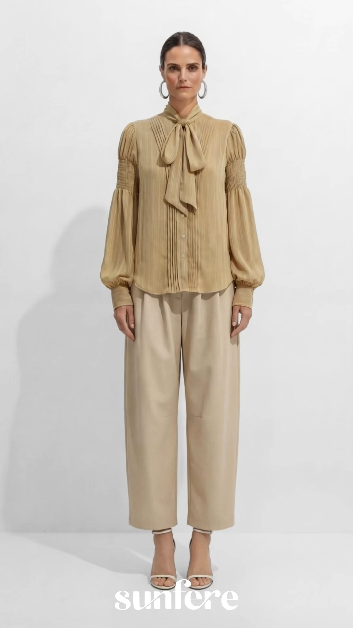 Daily Vibe Khaki Tie Neck Bishop Sleeve Blouse