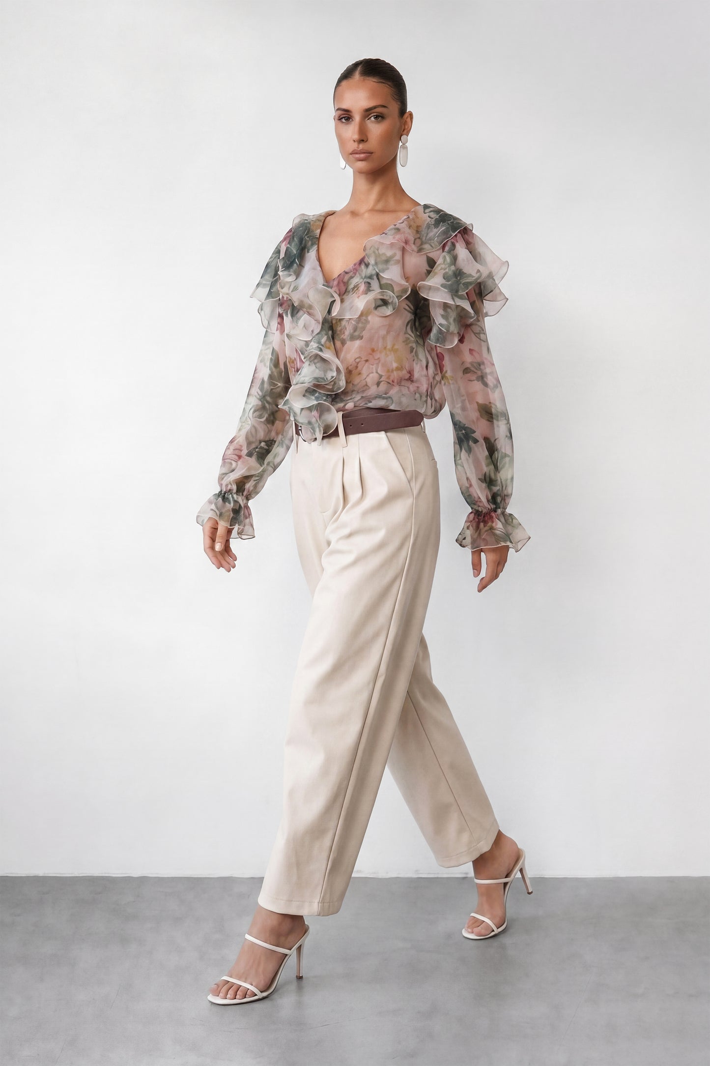 Pretty Moment Multi Floral Print Ruffle Chiffon Blouse