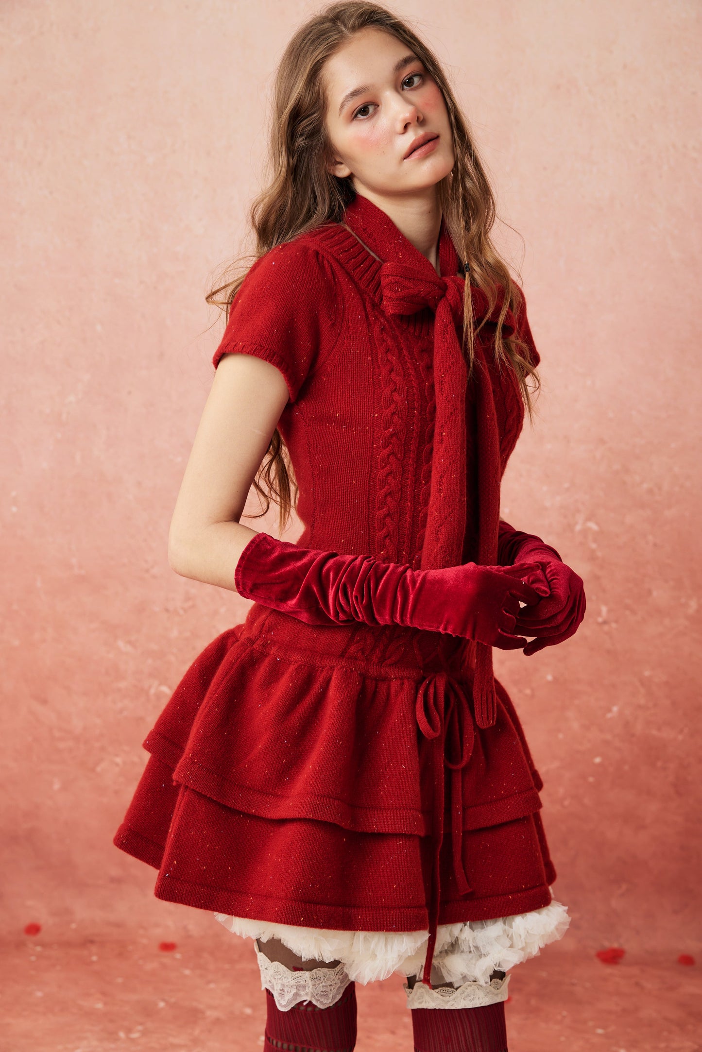 Lilypond 13 | 100% Wool Cable Knit Tiered Dress with scarf