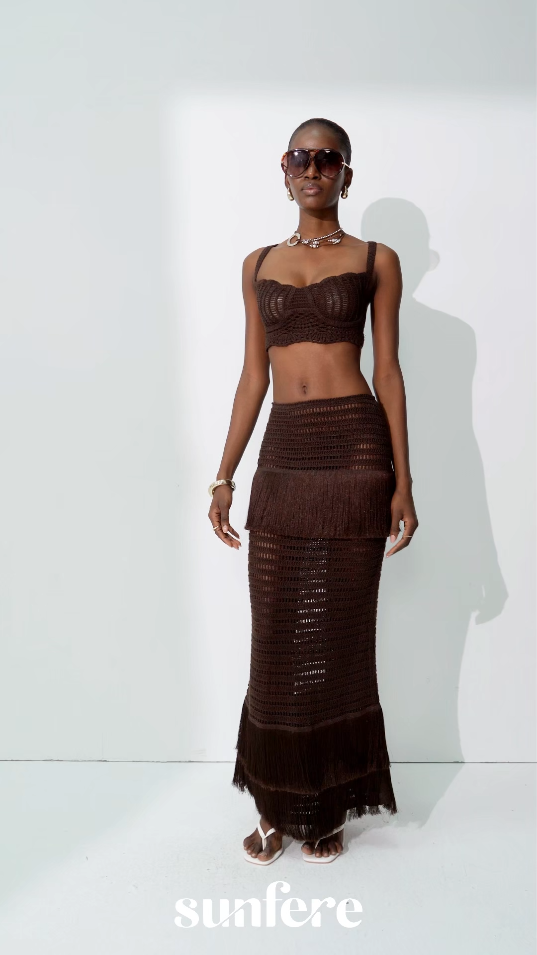 Sunlit Paradise Brown Crochet Knit Top & Fringe Skirt Set