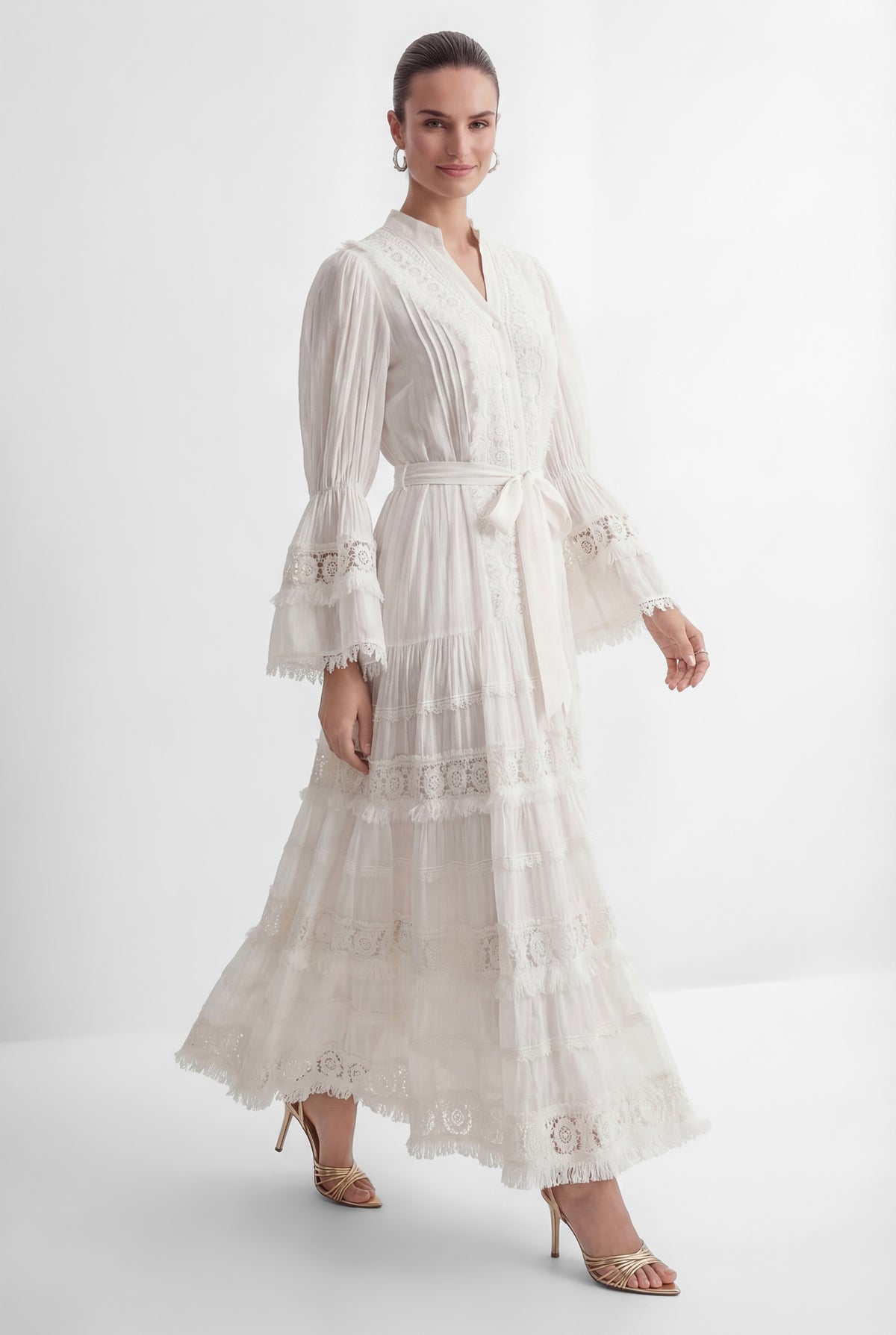 Graceful Darling White Floral Lace Bell Sleeve Maxi Dress