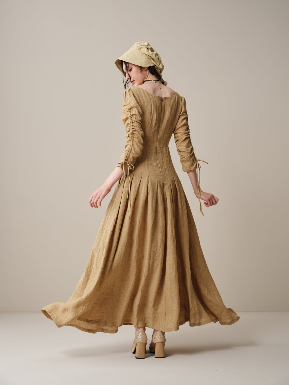 Emma 11 | Lace-Up Ruched Linen Maxi Dress
