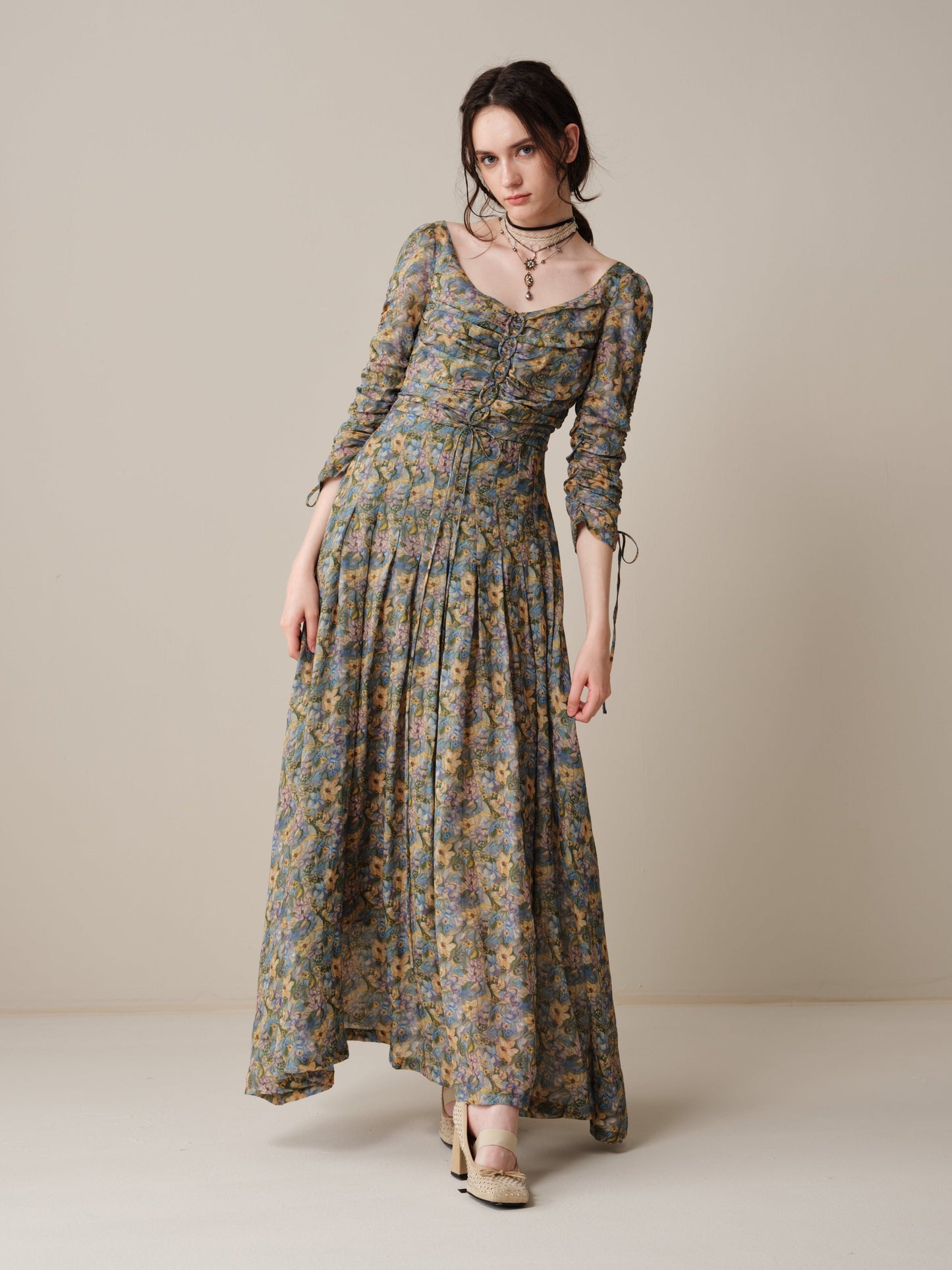Emma 11 | Lace-Up Ruched Linen Maxi Dress