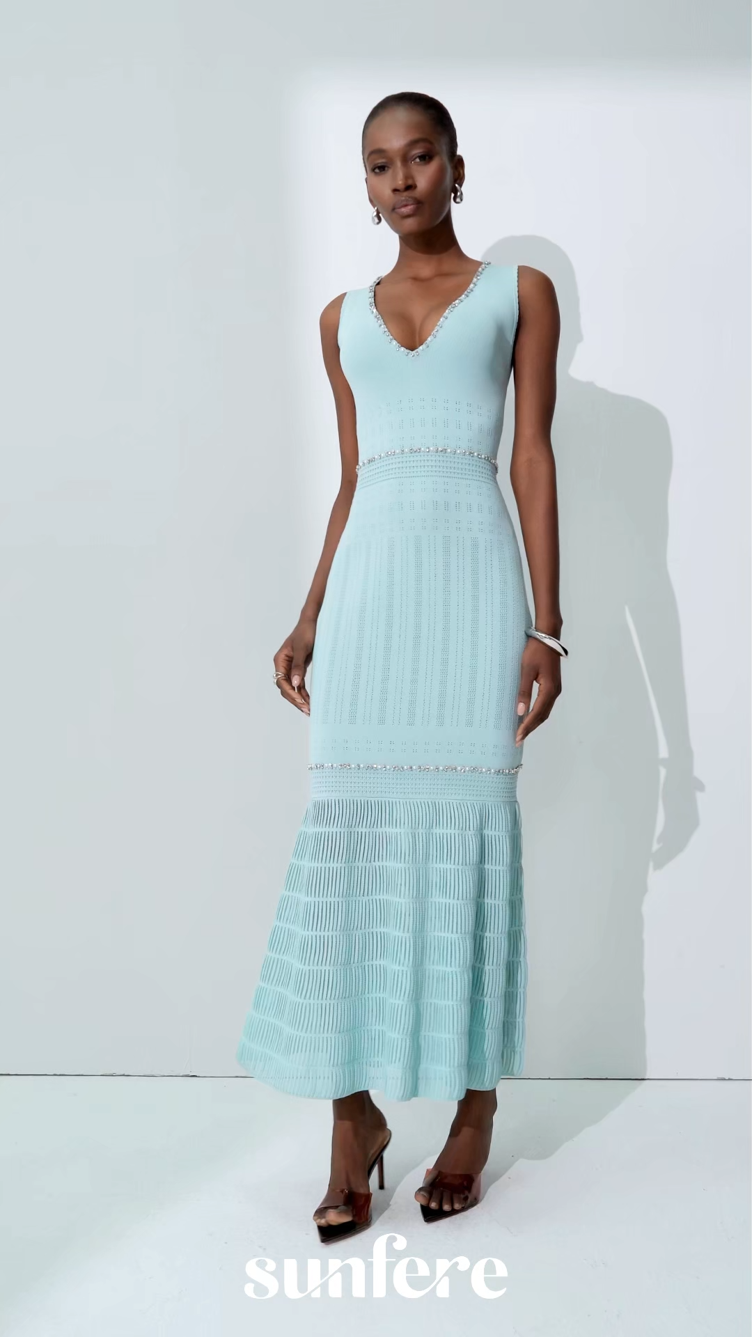 Purely Yours Blue Rhinestone Trim Sleeveless Knit Maxi Dress