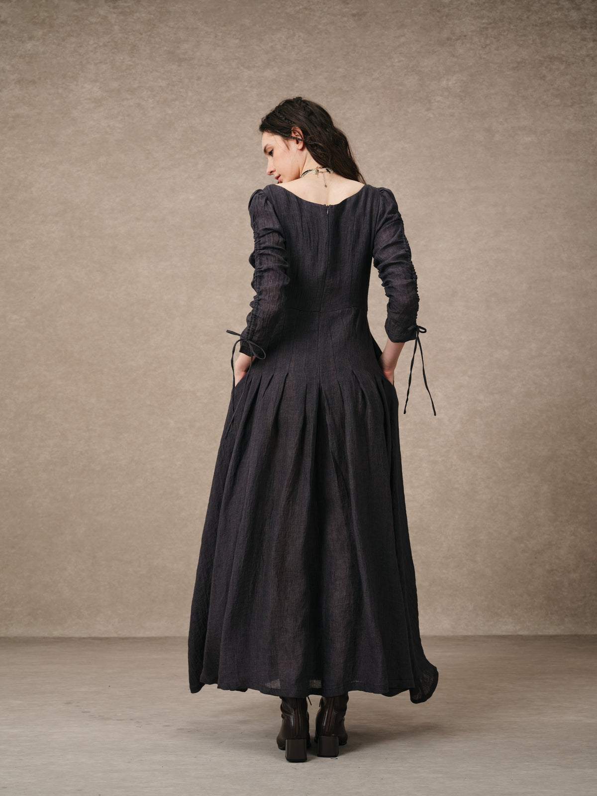 Emma 11 | Lace-Up Ruched Linen Maxi Dress