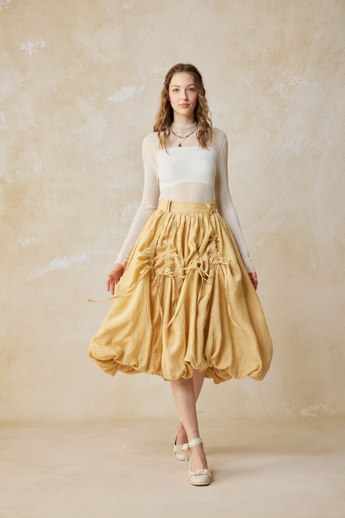 Camellia Bubble 22 | Drawstring Bubble Linen Skirt