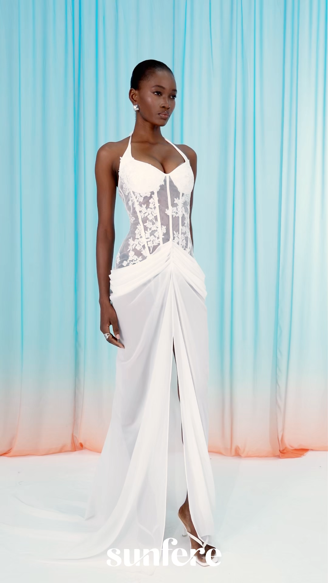 Sultry Persona White Lace Corset High Slit Maxi Dress