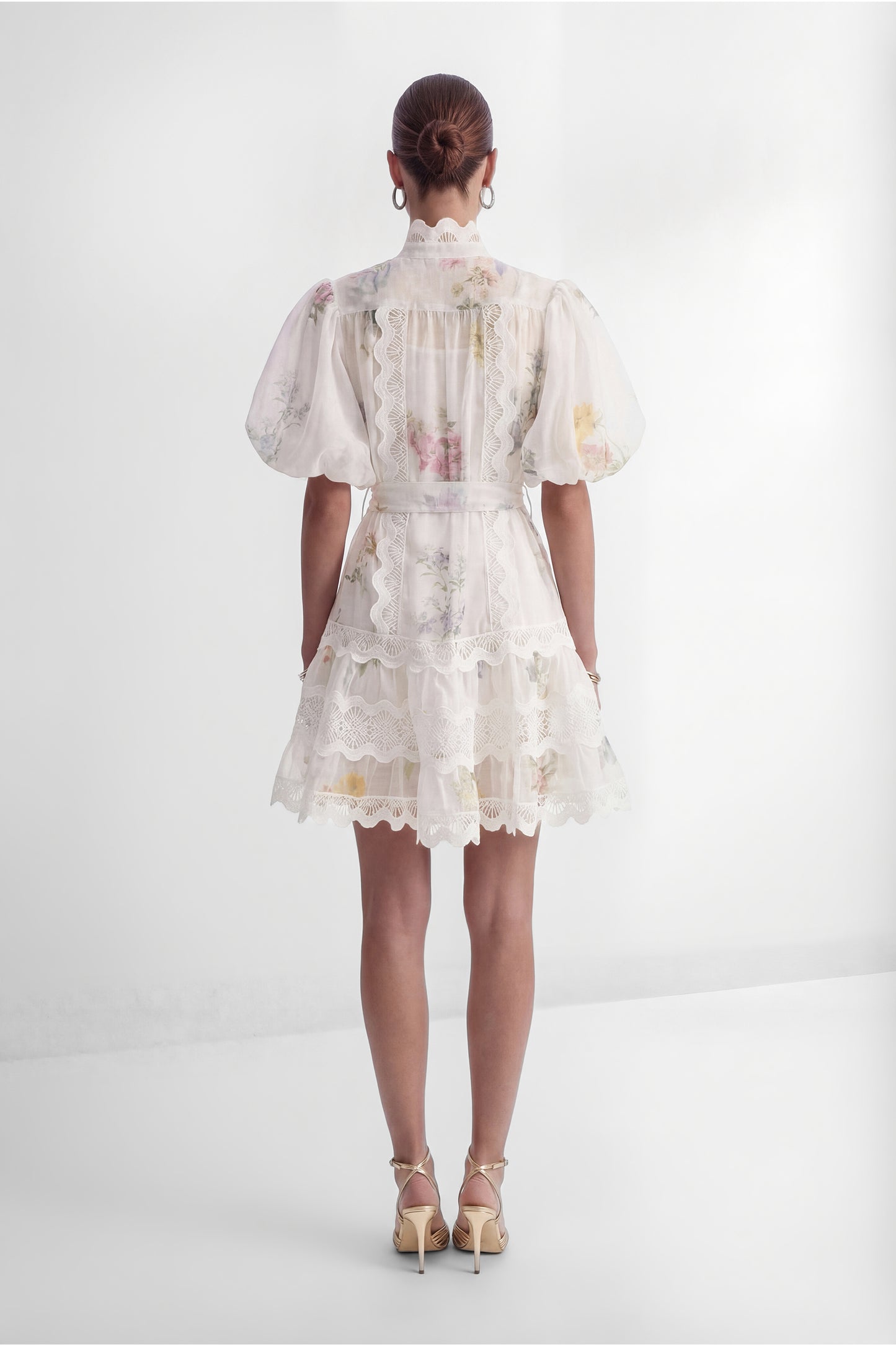 Whimsical Beauty Cream White Floral Print Lace Trim Mini Dress