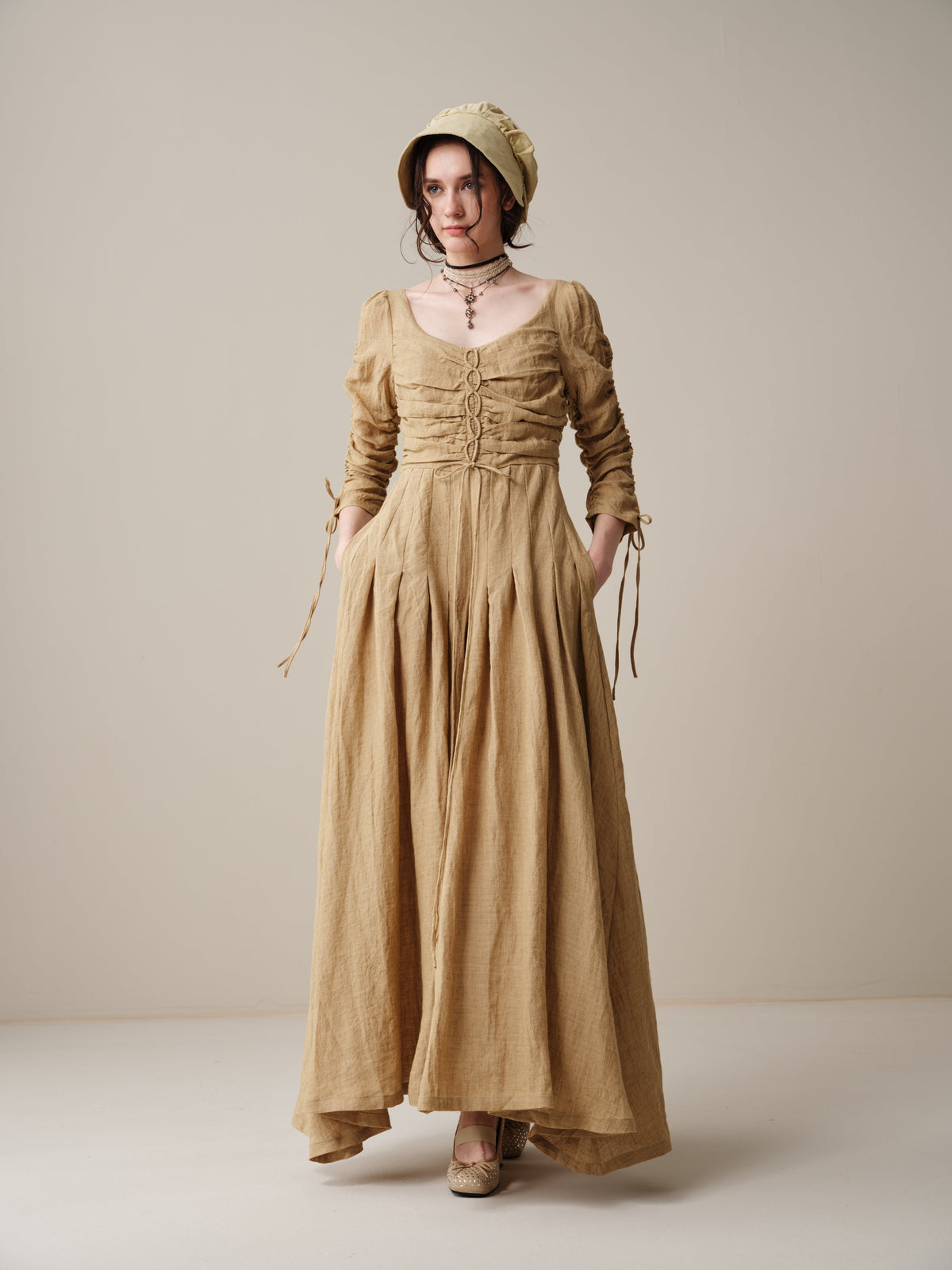 Emma 11 | Lace-Up Ruched Linen Maxi Dress