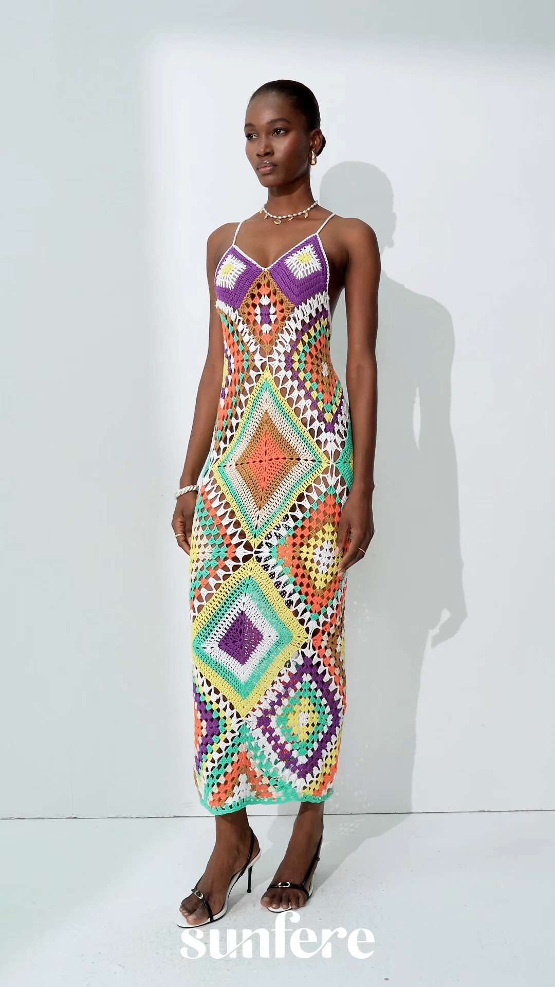 Sunkissed Shores Multi Crochet Geometric Spaghetti Strap Maxi Dress