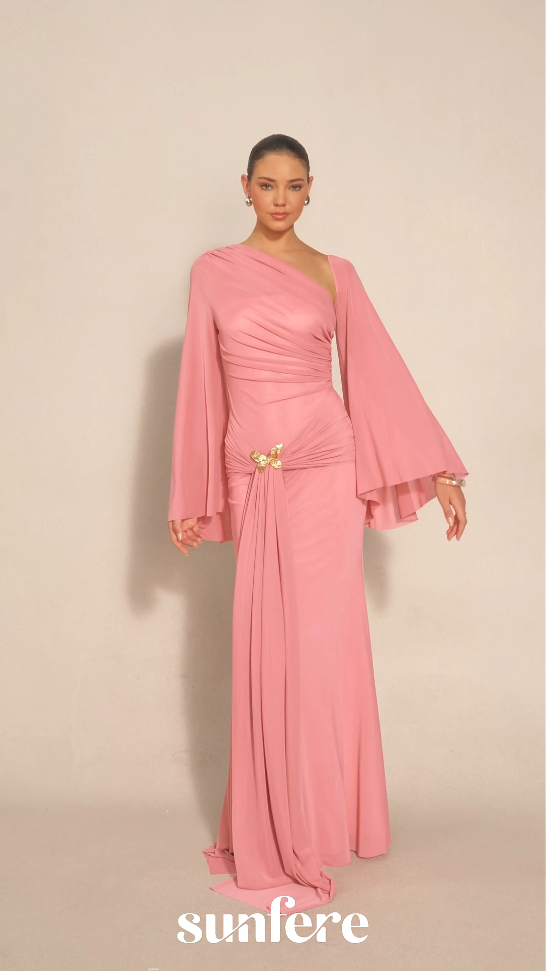 All About Her Pink One Shoulder Butterfly Brooch Maxi Dress
