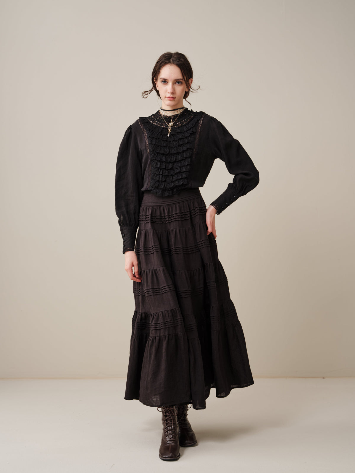 Stella 06 | Ruffled High-Neck Linen Blouse