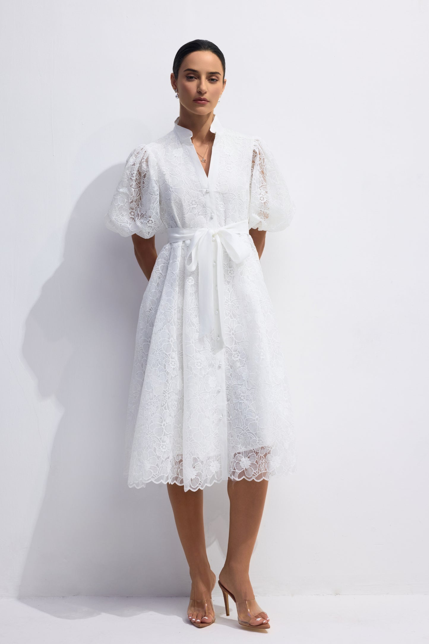 Bertha Floral Embroidered Lace Belted Mini Dress
