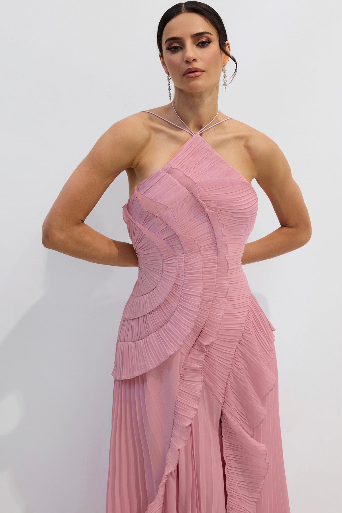 Nina Asymmetry Pleated Halterneck Midi Dress