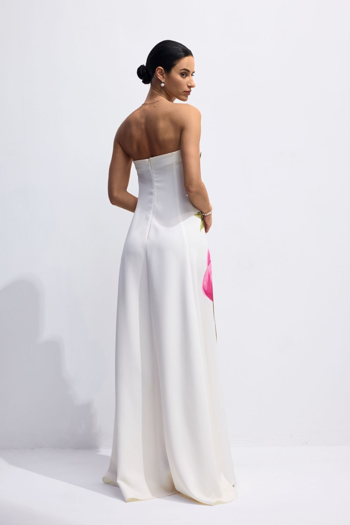 Dorothy Floral Print Strapless Satin Maxi Dress