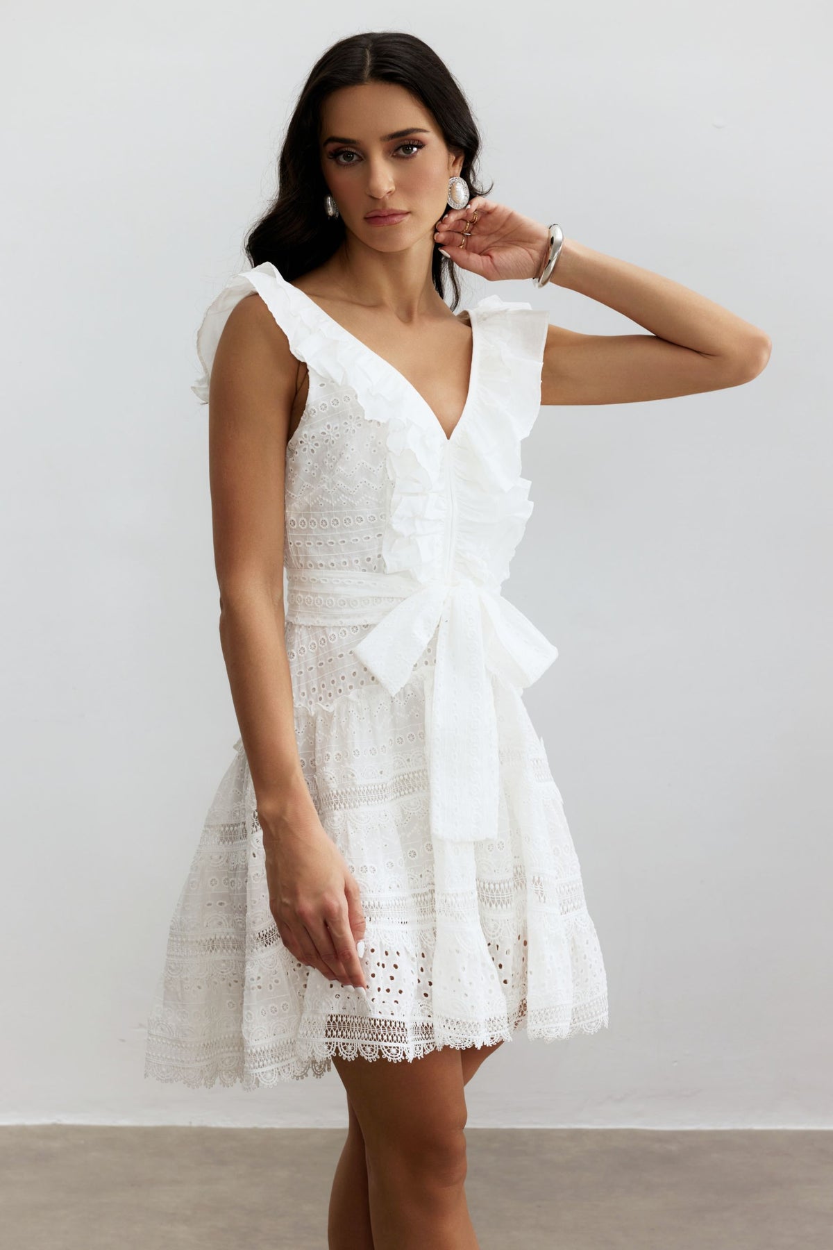 Helena V-neck Lace Embroidery Mini Dress