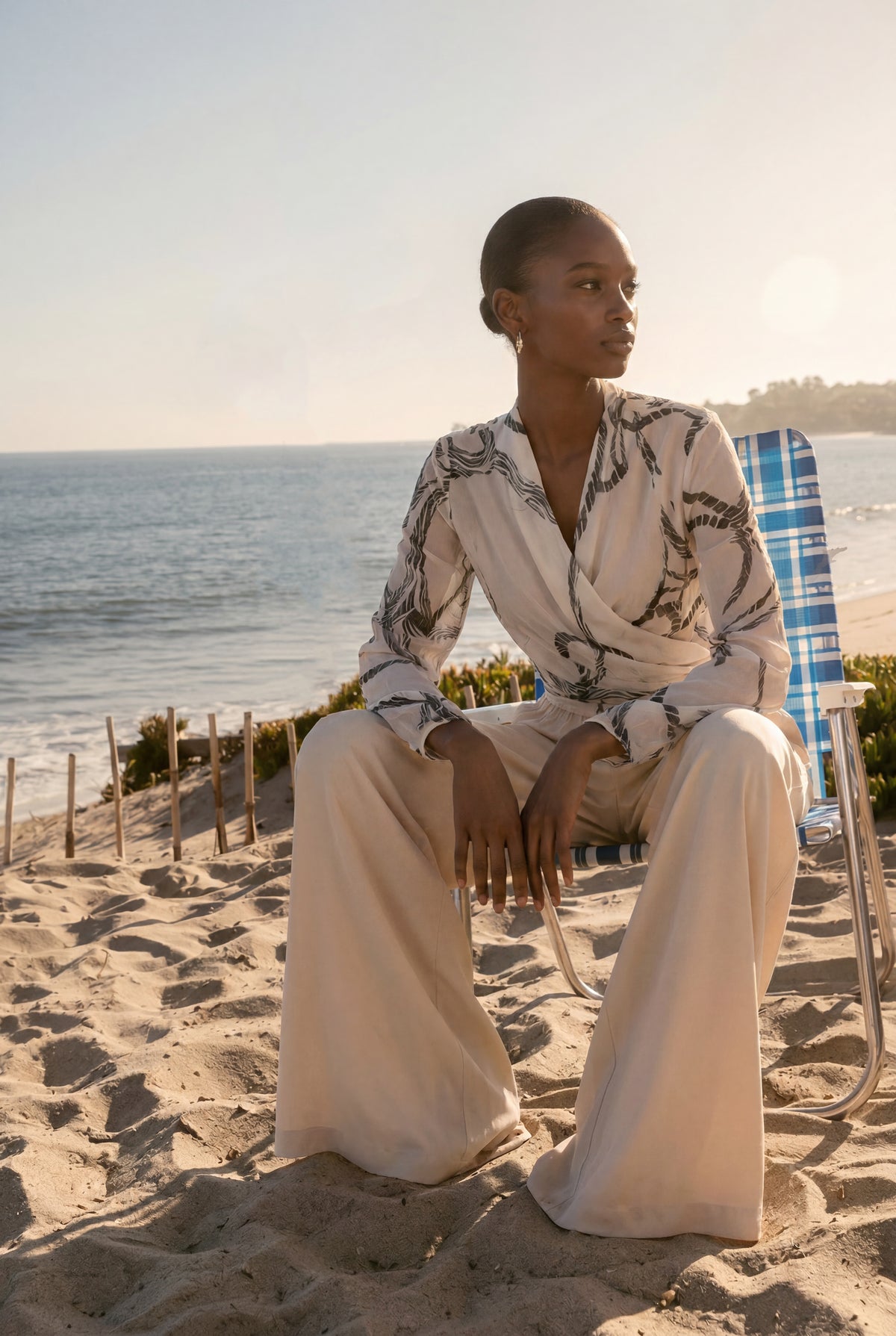 Fresh Mood White Abstract Print Wrap Blouse