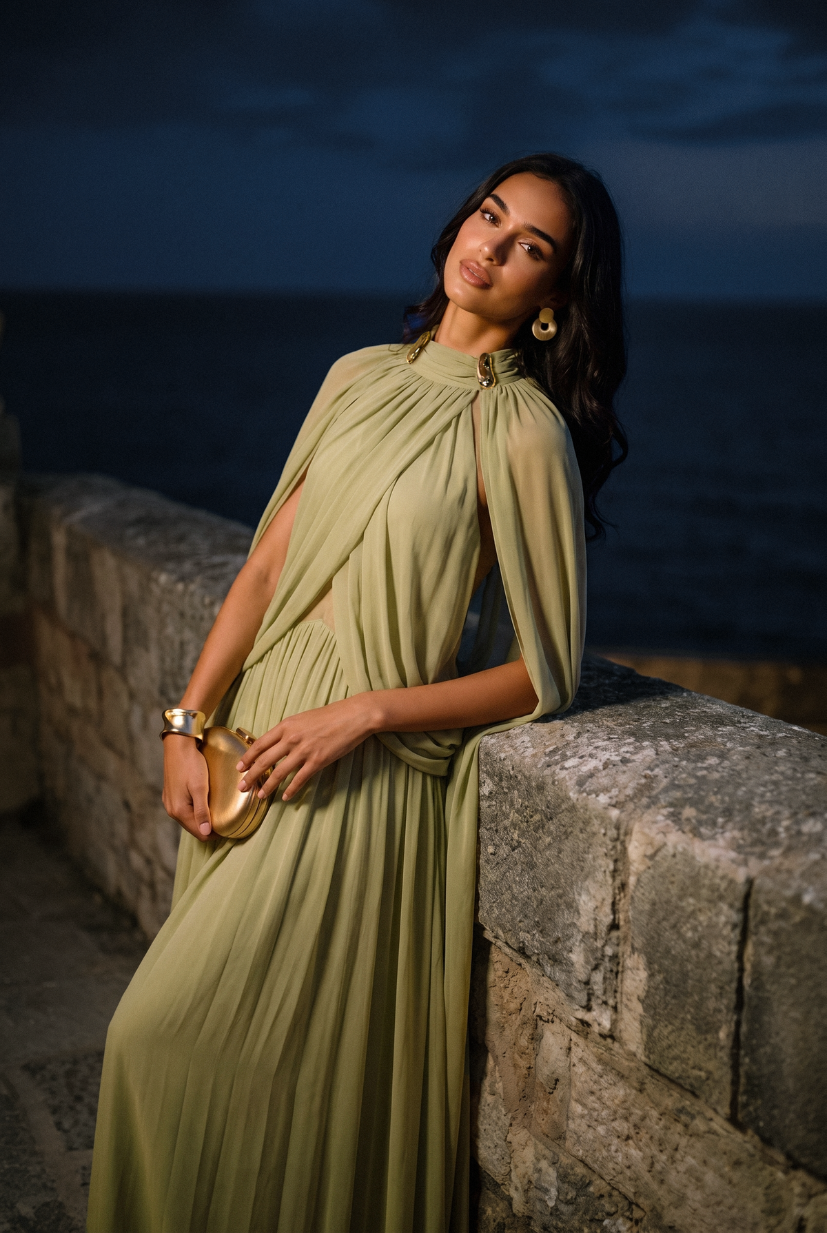 Twilight Whispers Green Draped Cape Sleeve Knit Maxi Dress