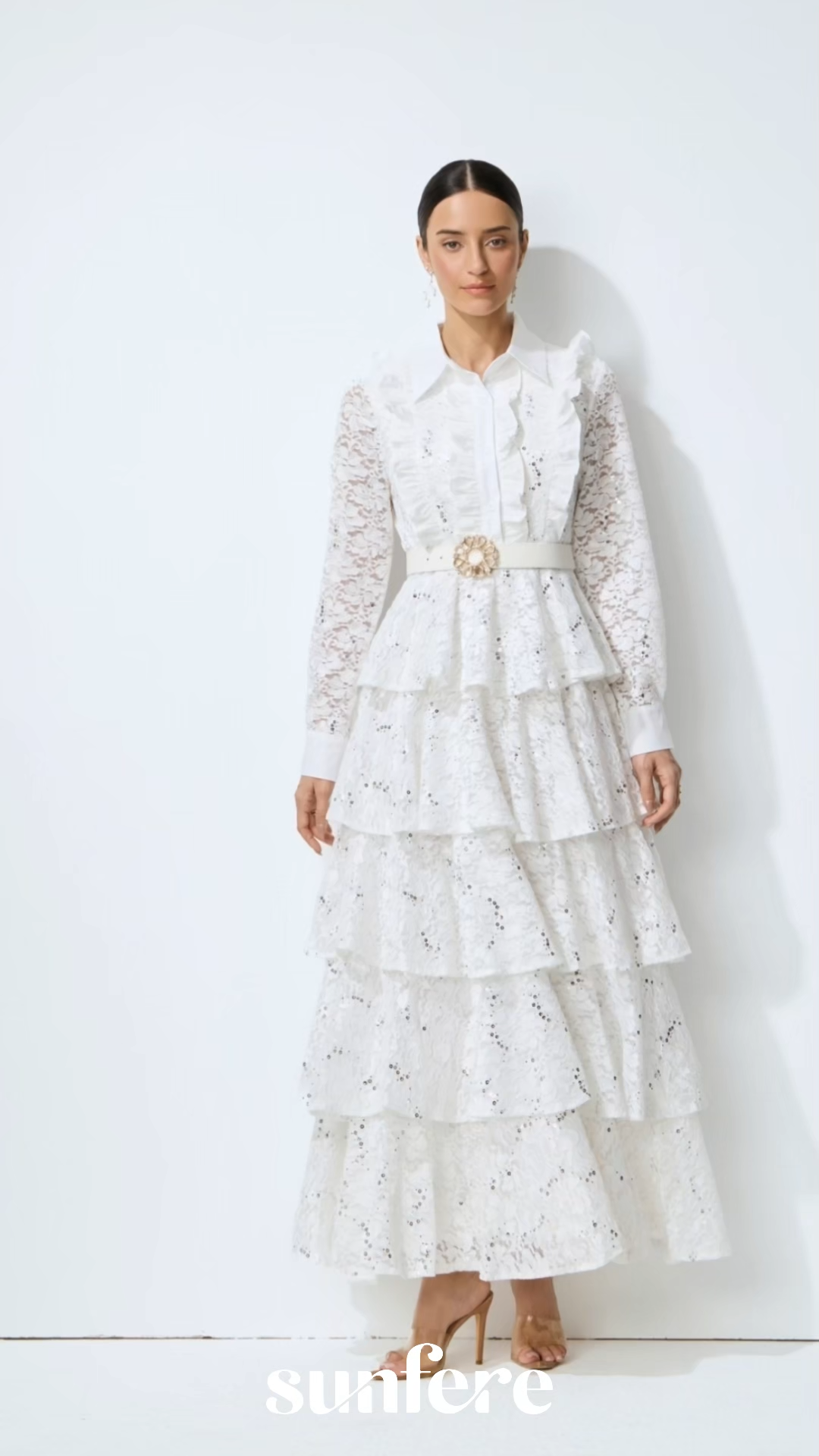 Sunkiss Veil White Sequin Embellished Tiered Lace Maxi Dress