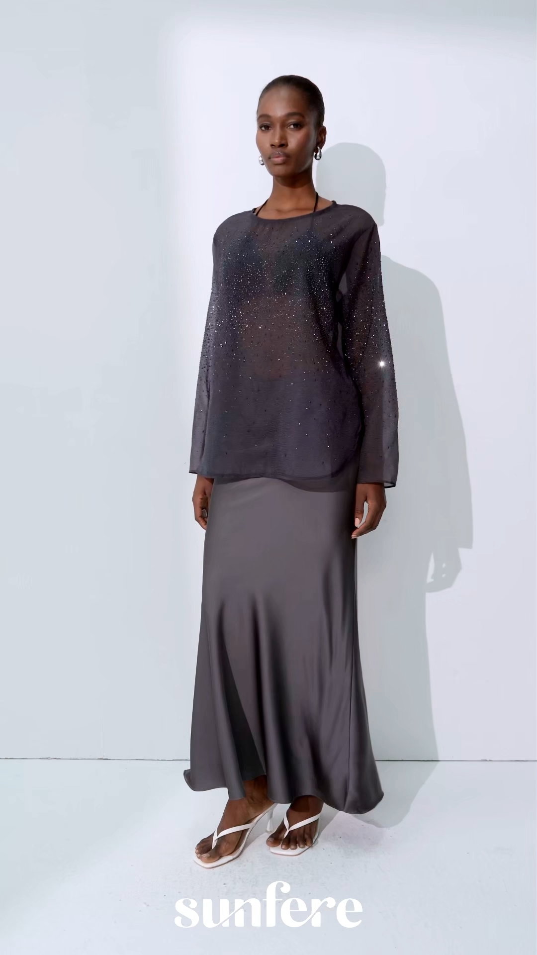Shine Moment Grey Sheer Rhinestone Embellished Blouse