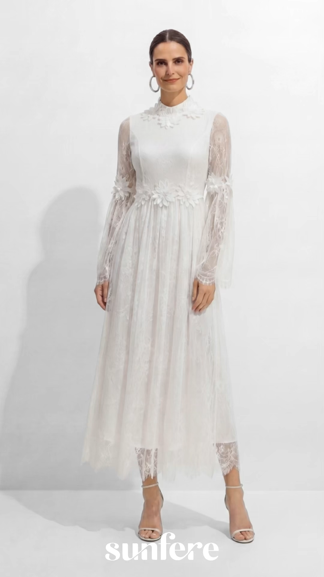 Bright Beauty White Floral Applique Sheer Lace Maxi Dress