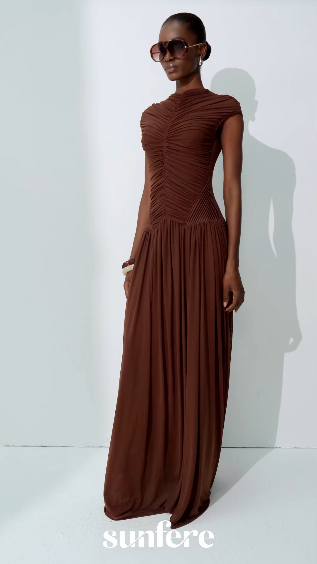 Enchanting Romantic Brown Cap Sleeve Ruched Knit Maxi Dress