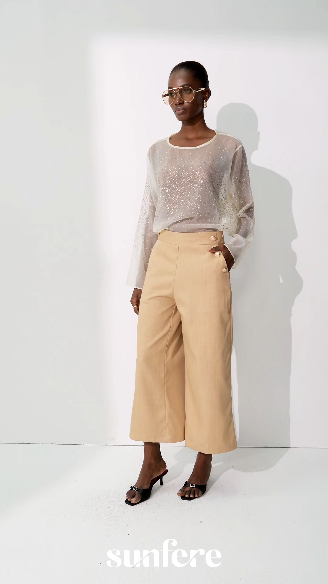 Meet In The City Beige Sheer Crystal Embellished Long Sleeve Top
