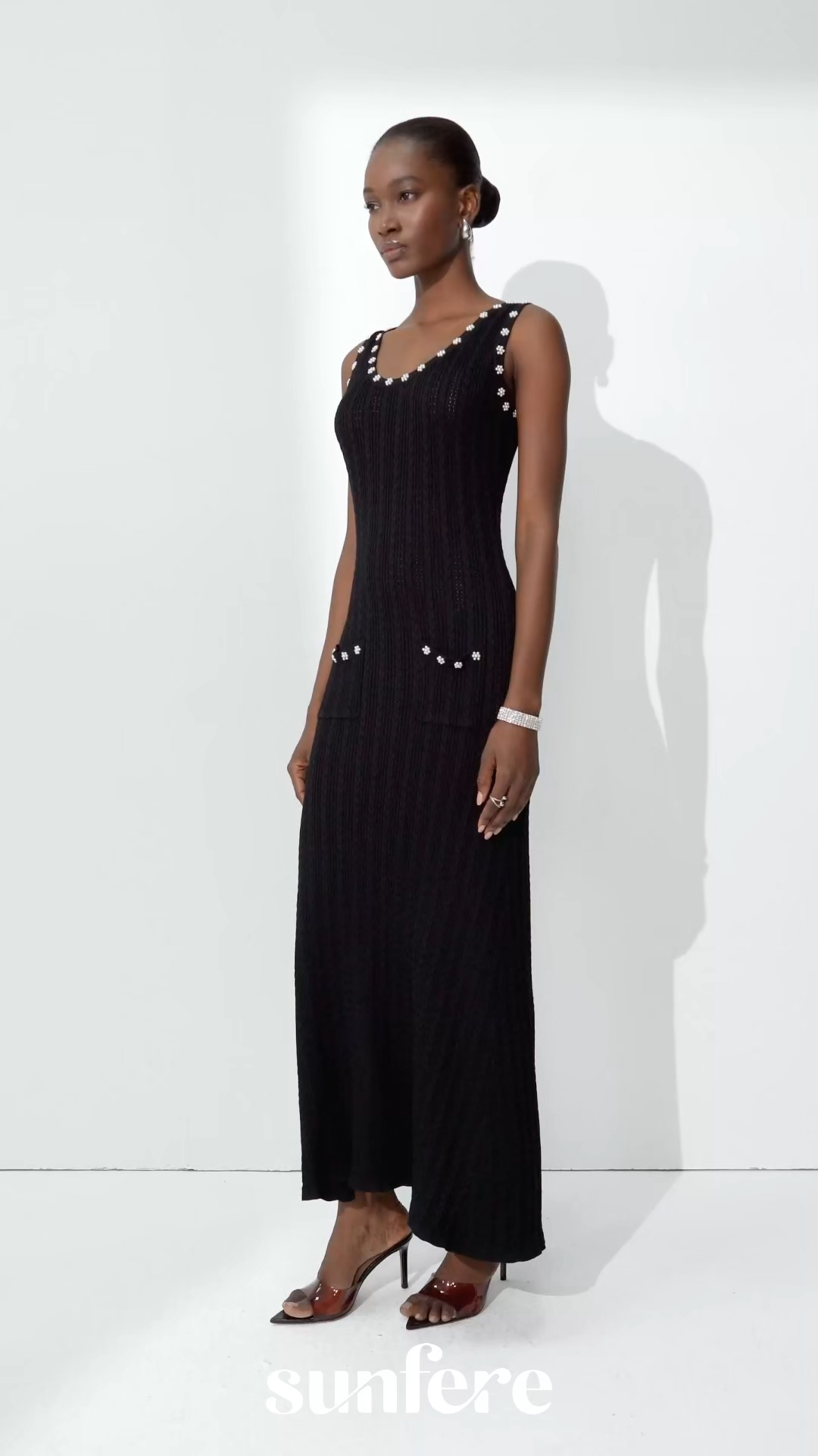Timeless Attraction Black Sleeveless Pearl Trim Knit Maxi Dress