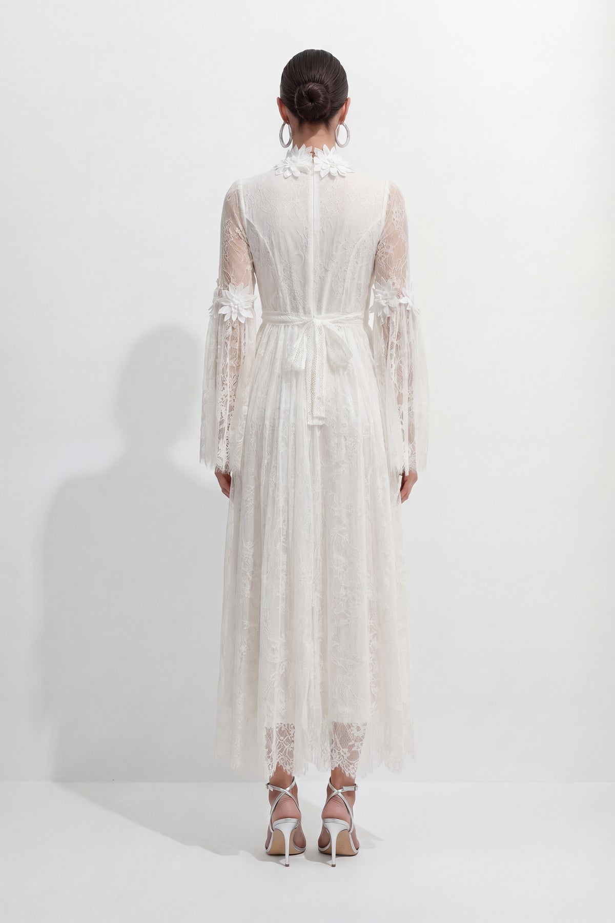 Bright Beauty White Floral Applique Sheer Lace Maxi Dress