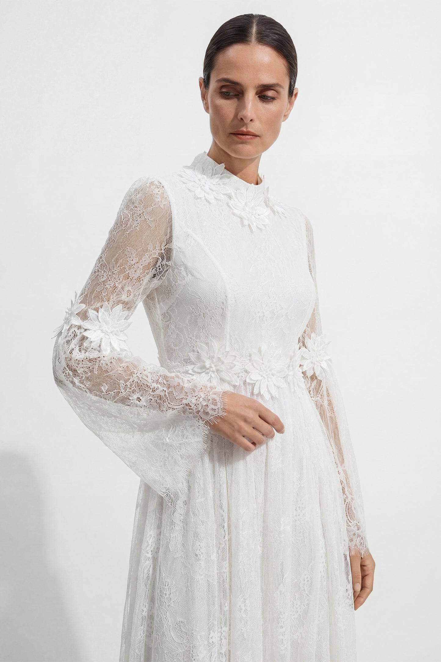 Bright Beauty White Floral Applique Sheer Lace Maxi Dress
