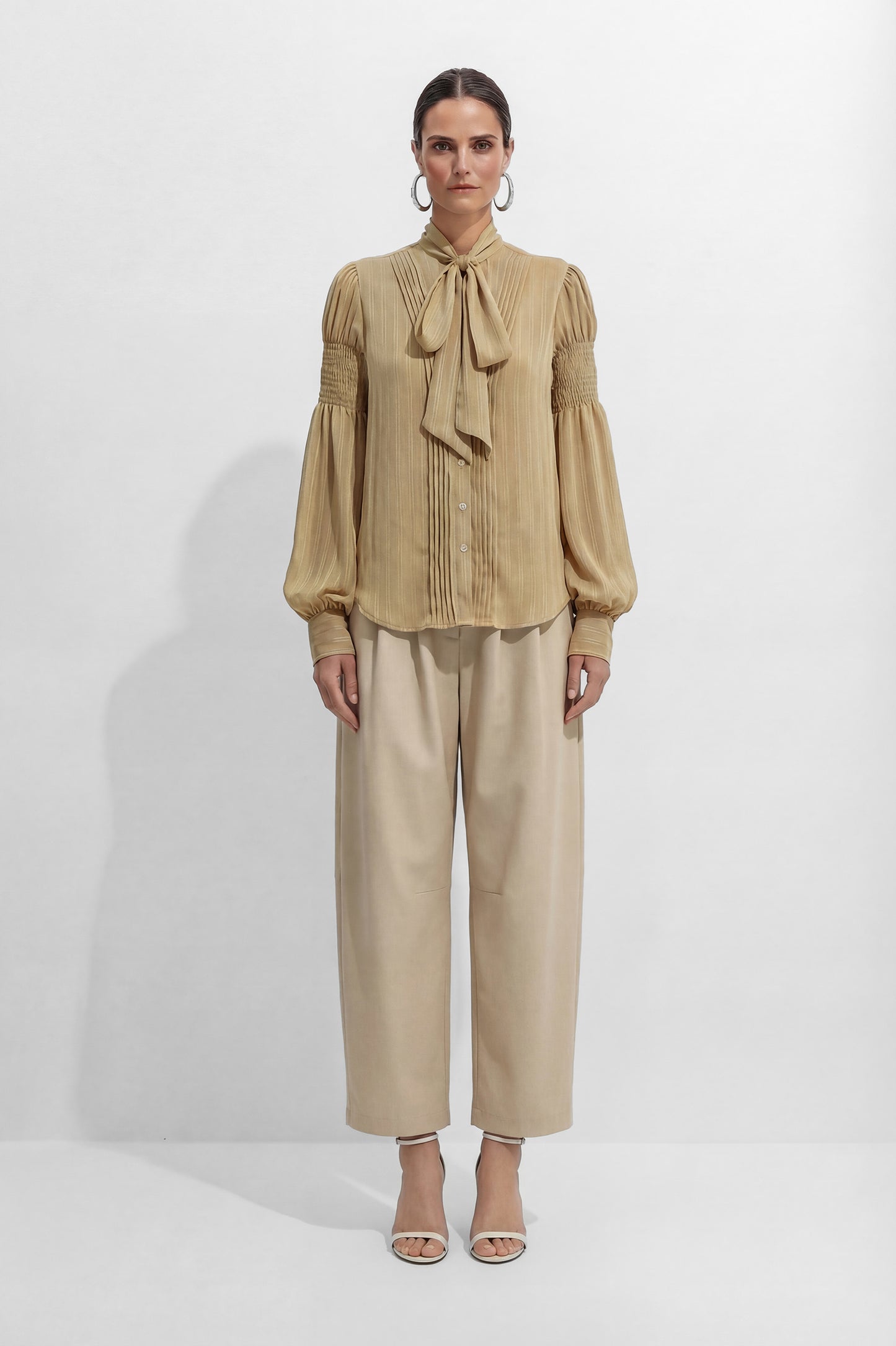 Daily Vibe Khaki Tie Neck Bishop Sleeve Blouse