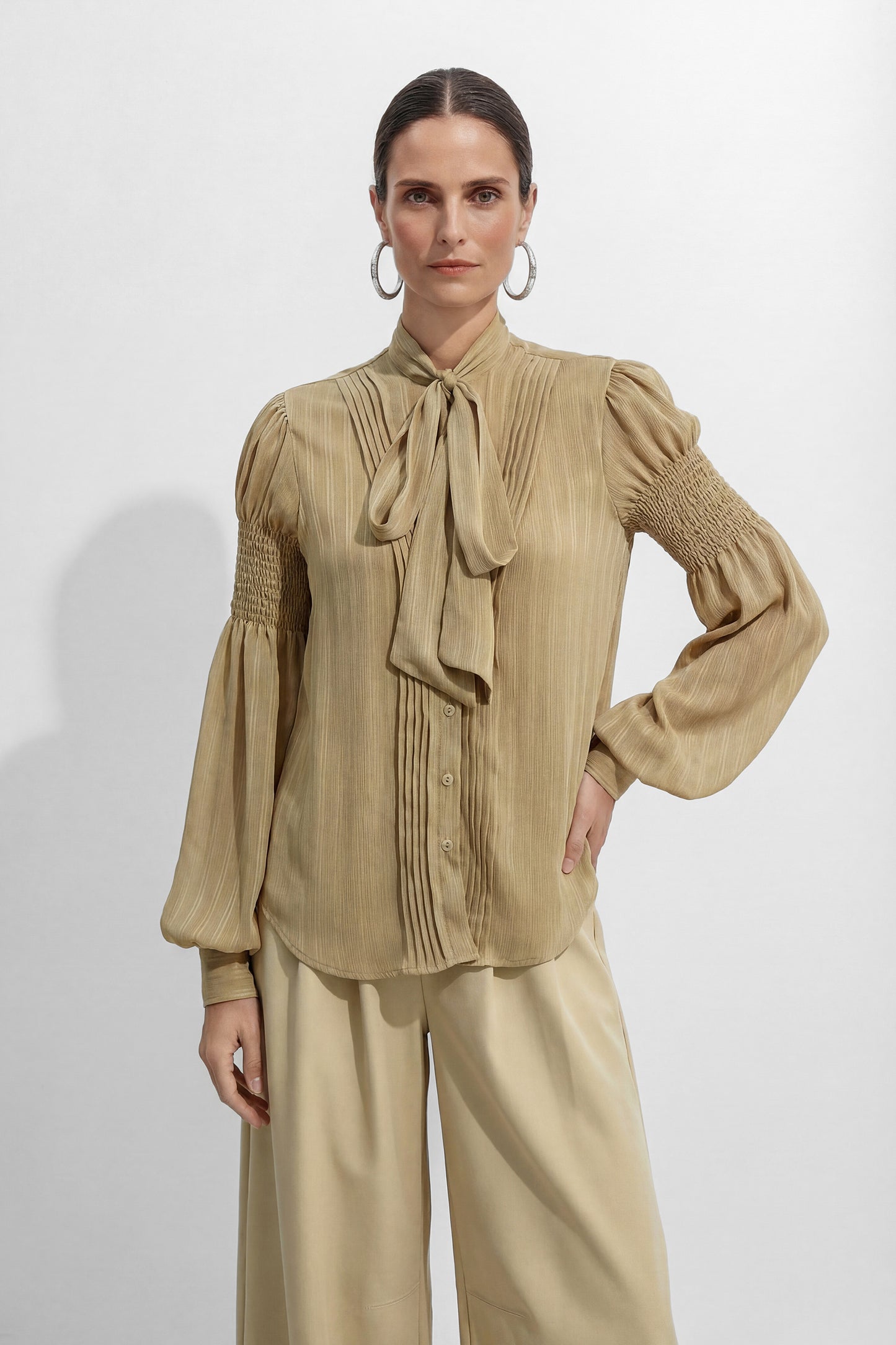 Daily Vibe Khaki Tie Neck Bishop Sleeve Blouse