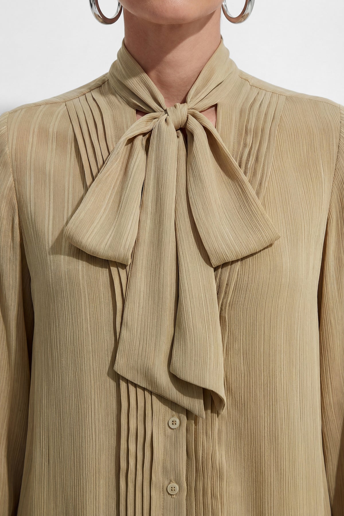 Daily Vibe Khaki Tie Neck Bishop Sleeve Blouse