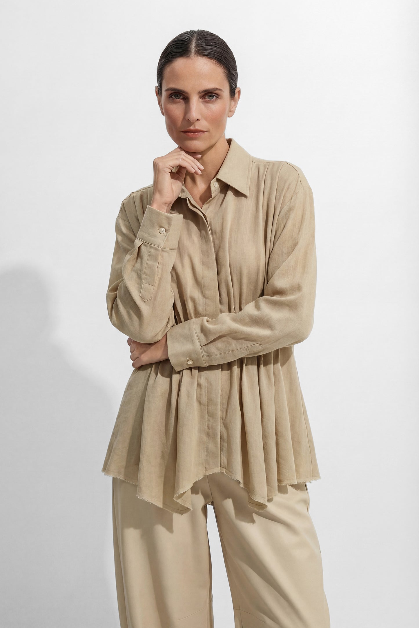 Relaxed Day Khaki Waist Pleat Asymmetrical Hem Shirt