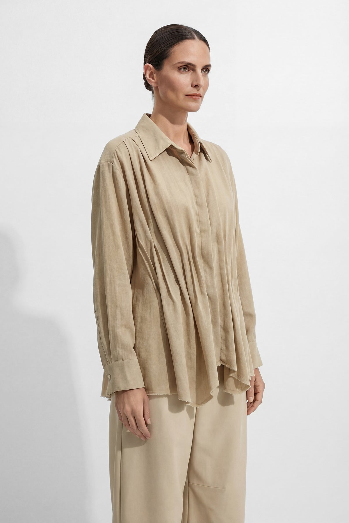 Relaxed Day Khaki Waist Pleat Asymmetrical Hem Shirt