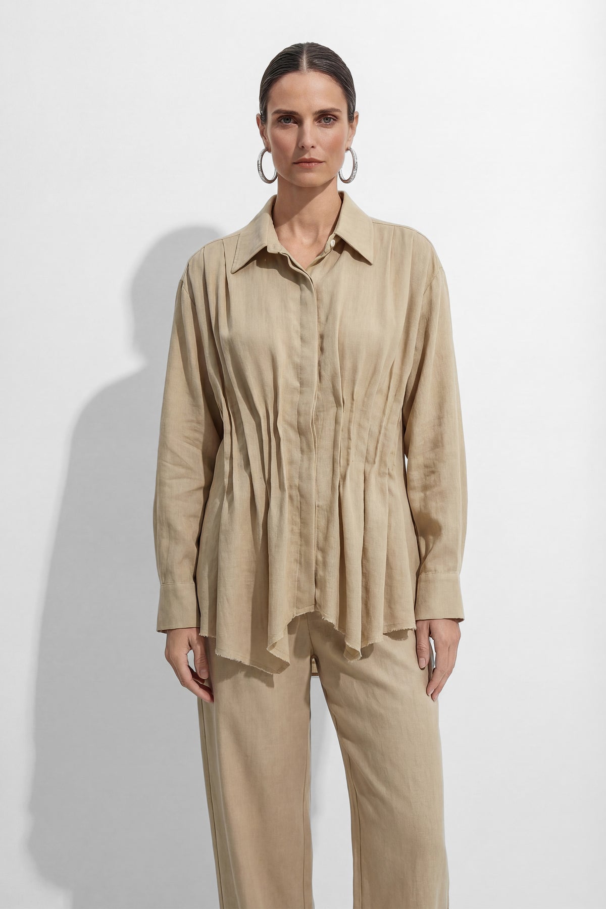 Relaxed Day Khaki Waist Pleat Asymmetrical Hem Shirt