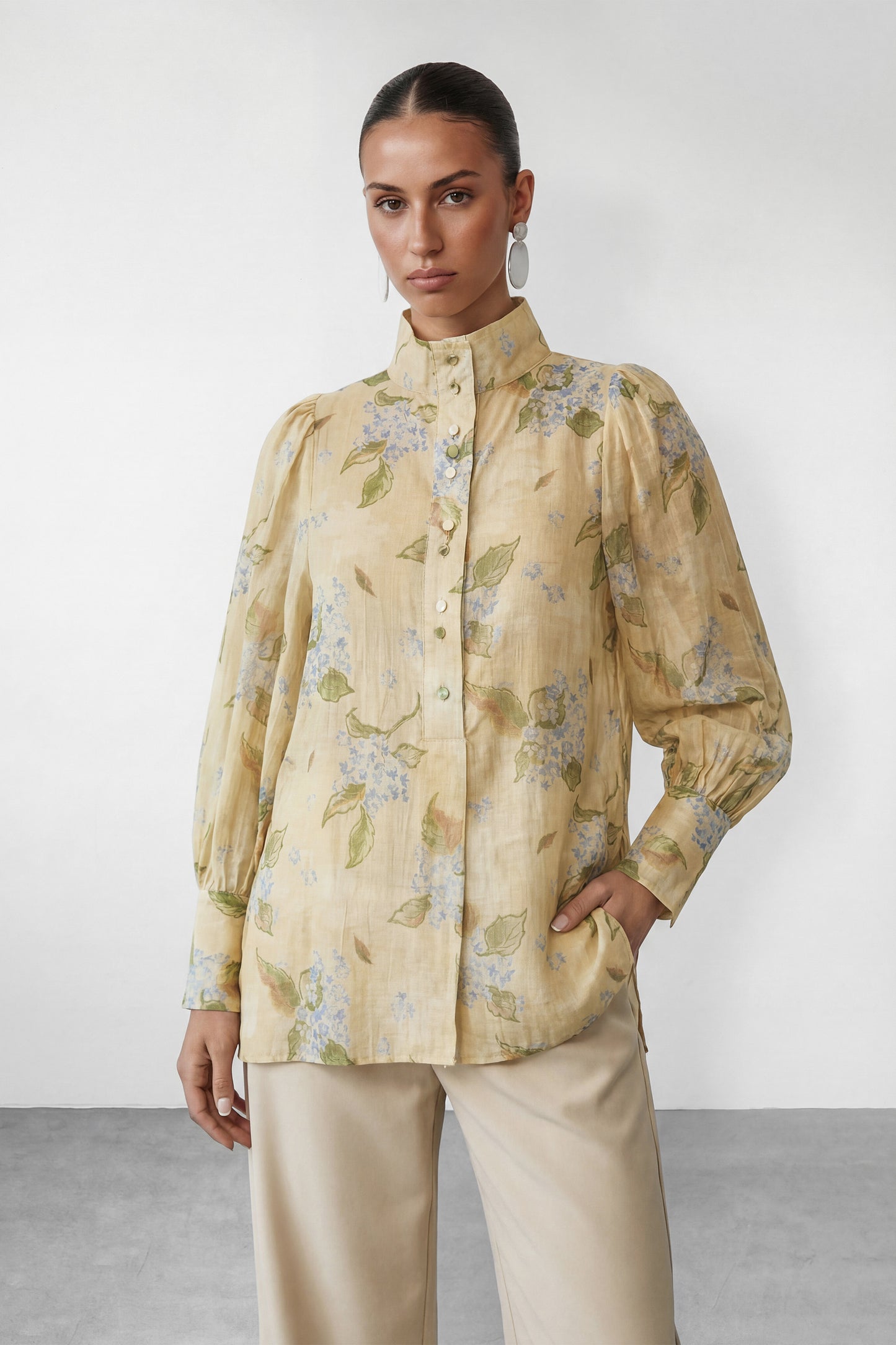 Garden Story Beige Floral Print High Neck Blouse