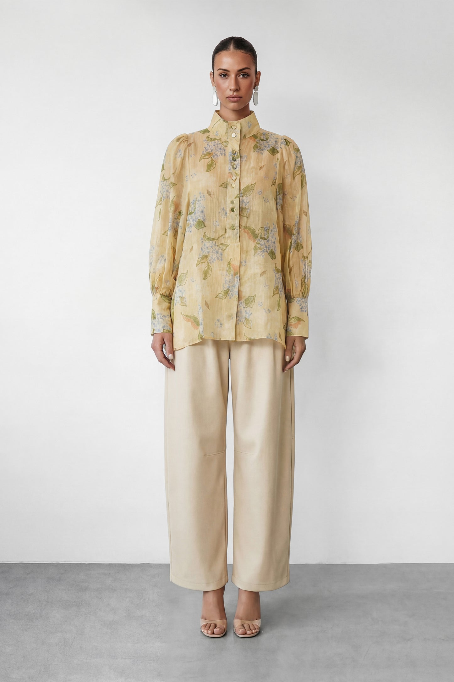 Garden Story Beige Floral Print High Neck Blouse