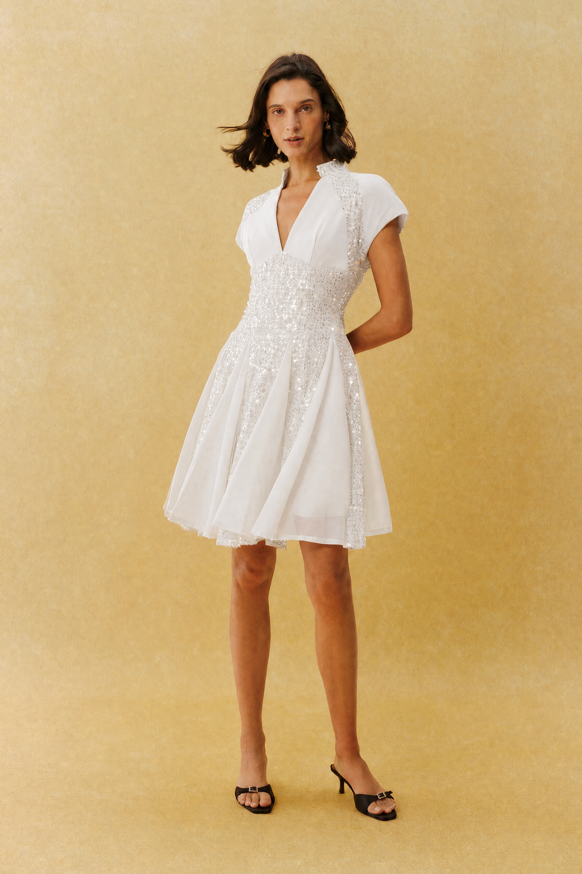 Just Enough White Sequin V Neck Cap Sleeve Mini Dress