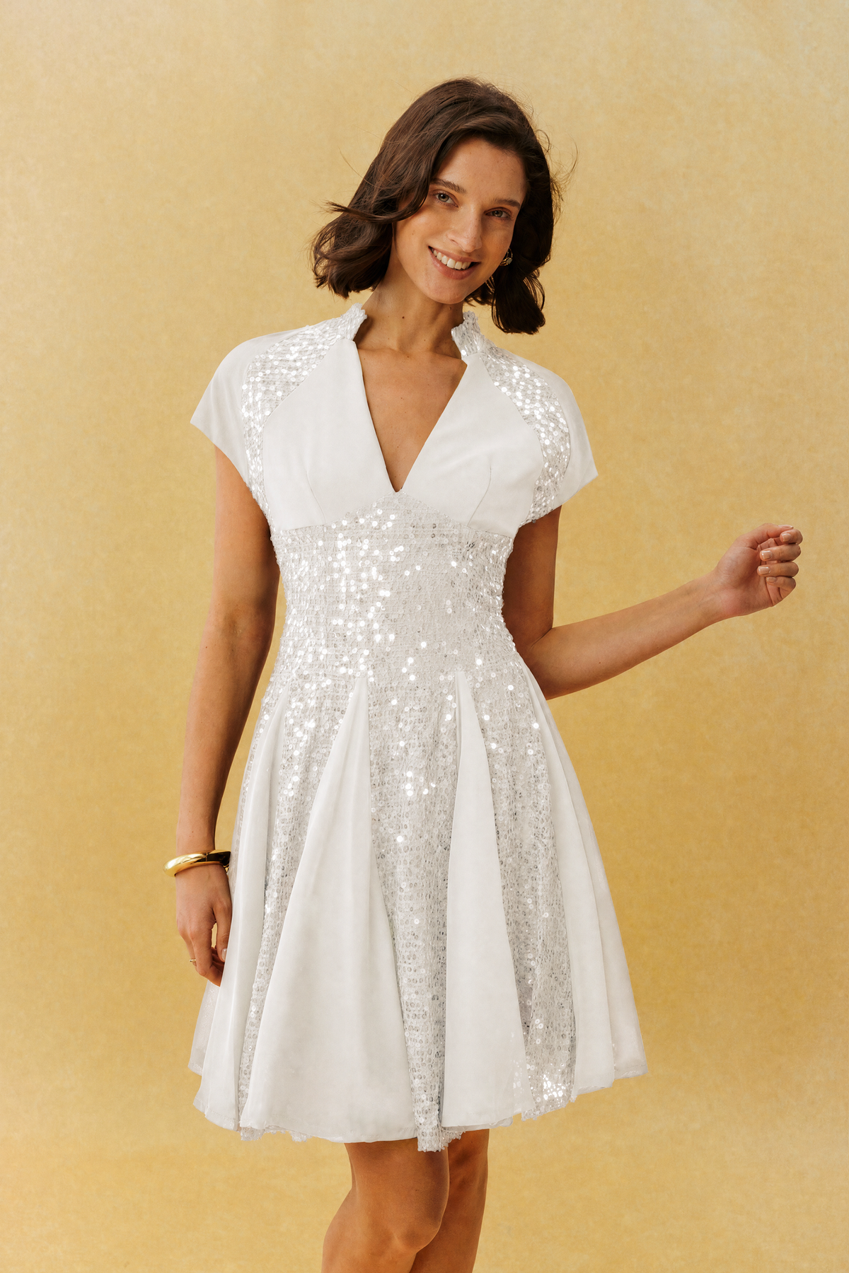 Just Enough White Sequin V Neck Cap Sleeve Mini Dress