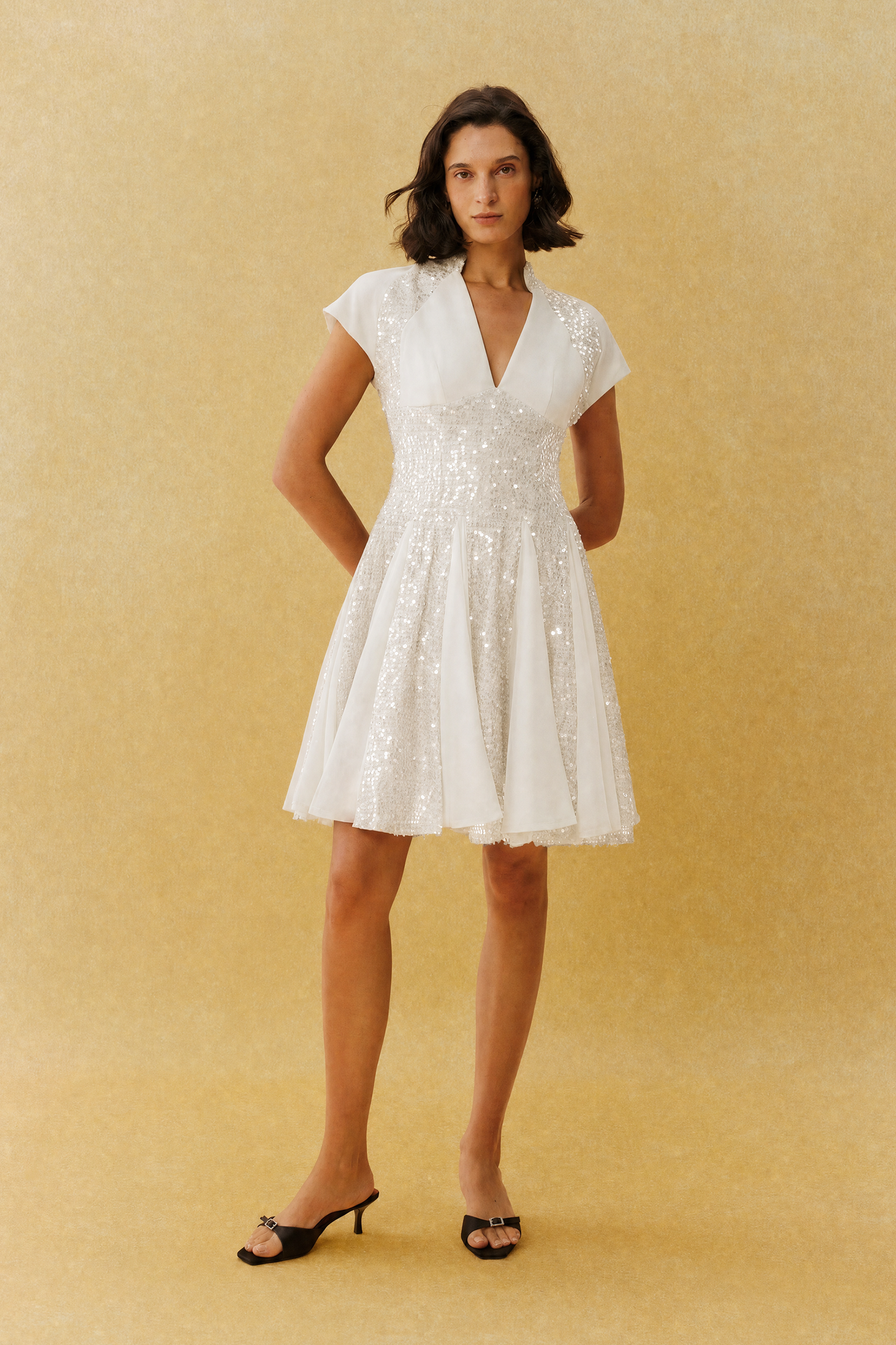 Just Enough White Sequin V Neck Cap Sleeve Mini Dress