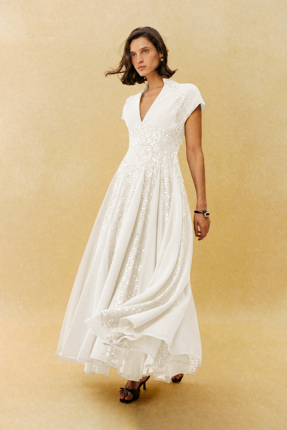 Just Enough White Sequin V Neck Cap Sleeve Maxi Dress