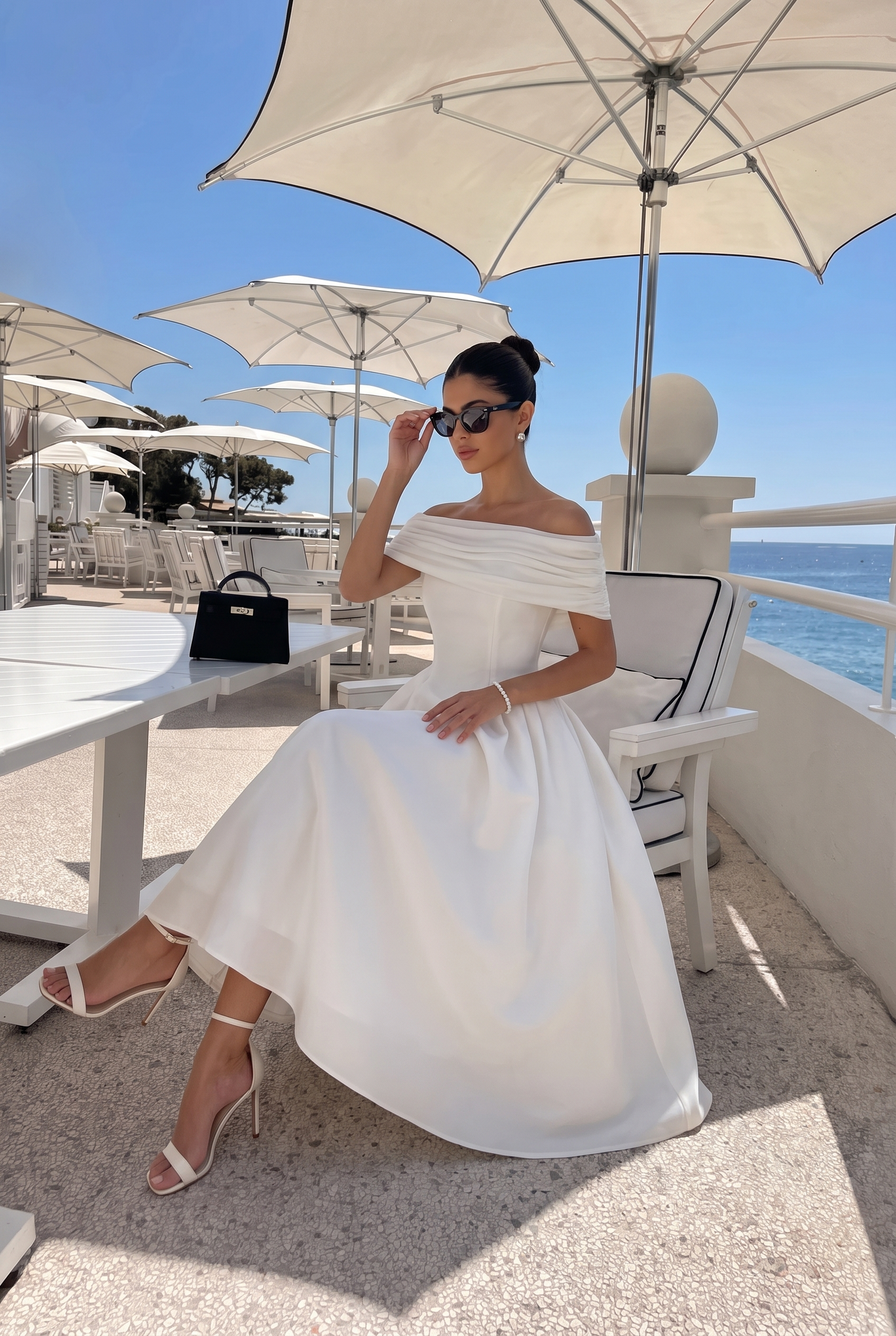 Vivian Off Shoulder Flare Satin Midi Dress