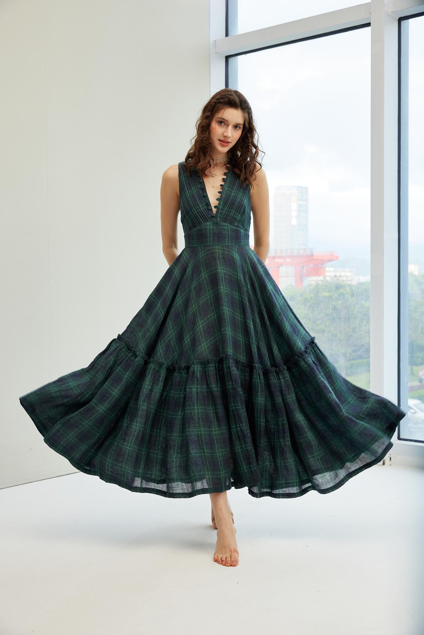 Moon River 24 | V-neck pintucked linen dress gown