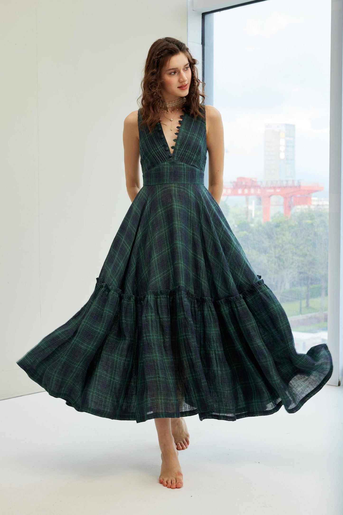 Moon River 24 | V-neck pintucked linen dress gown